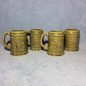 Vintage Japan Ceramic Beer Stein Mug Set Nautical Ship Avocado Green Mancave